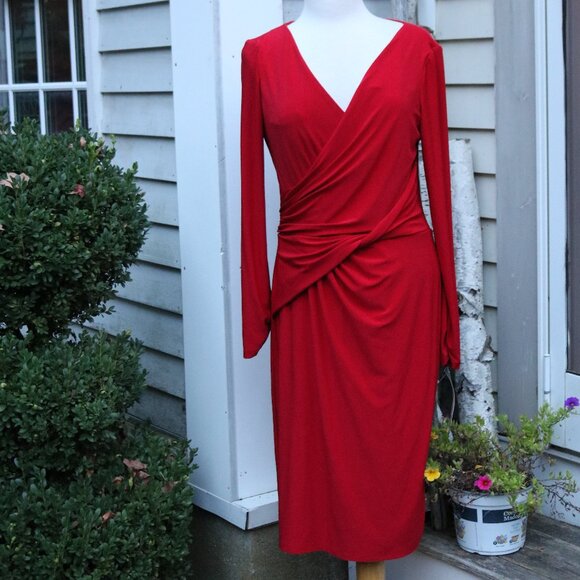 NEW Ralph Lauren Red Wrap Ruched Gathered Side Long Sleeve Jersey Knit Dress 14 - Picture 1 of 8